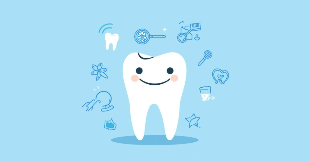 Illustration showing healthy teeth with fun dental facts icons