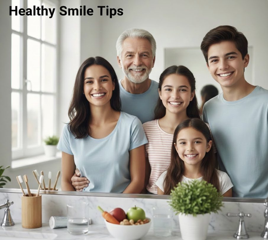 Happy family smiling together showing healthy teeth