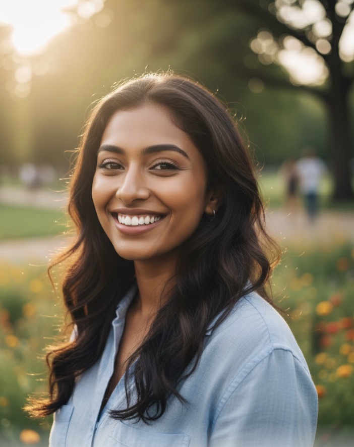 Person smiling naturally outdoors showing bright teeth