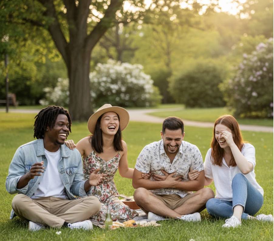 Group of friends smiling and enjoying nature, sharing a joyful moment