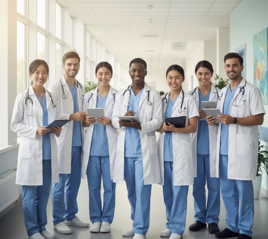 Diverse young healthcare professionals smiling in a hospital corridor