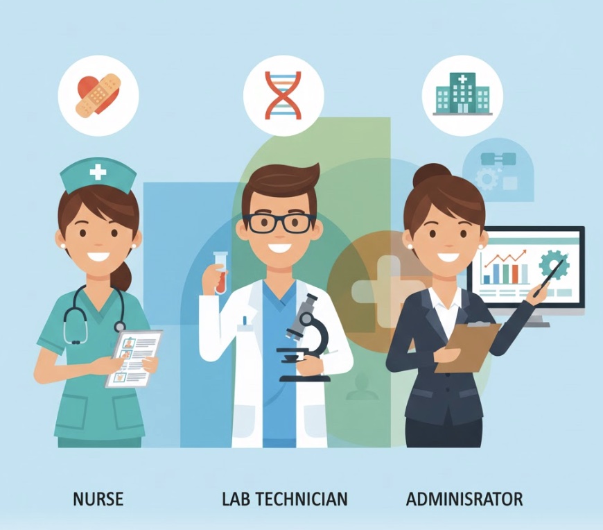 Nurse, lab technician, and administrator showing healthcare career options