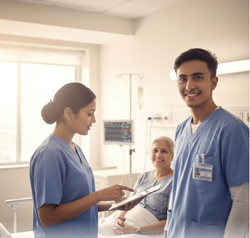 Student volunteering in a hospital assisting a nurse
