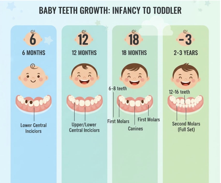 Baby teeth development stages illustration