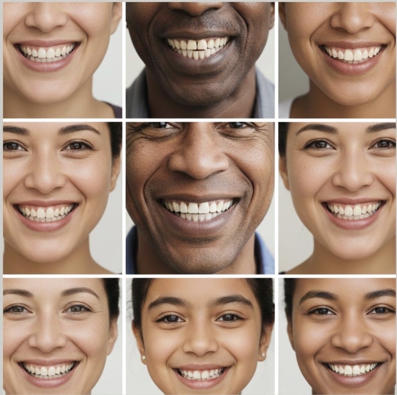 Unique human smiles highlighting different teeth shapes